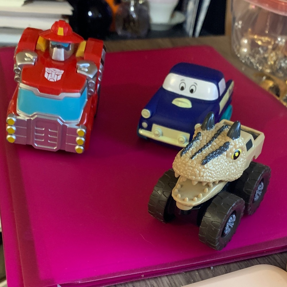 Fire Truck and Dino Monster Truck Set with another Toy Car
